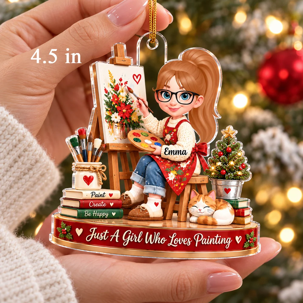 Personalized Acrylic Ornament, Girl Painting by a Christmas Tree, Unique Gift for Granddaughter