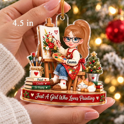 Personalized Acrylic Ornament, Girl Painting by a Christmas Tree, Unique Gift for Granddaughter