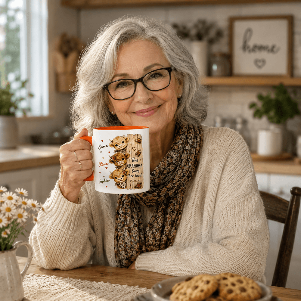 Personalized Highland Cow Mug for Grandma, Custom Grandkids Names, This Grandma Loves Her Herd Gift
