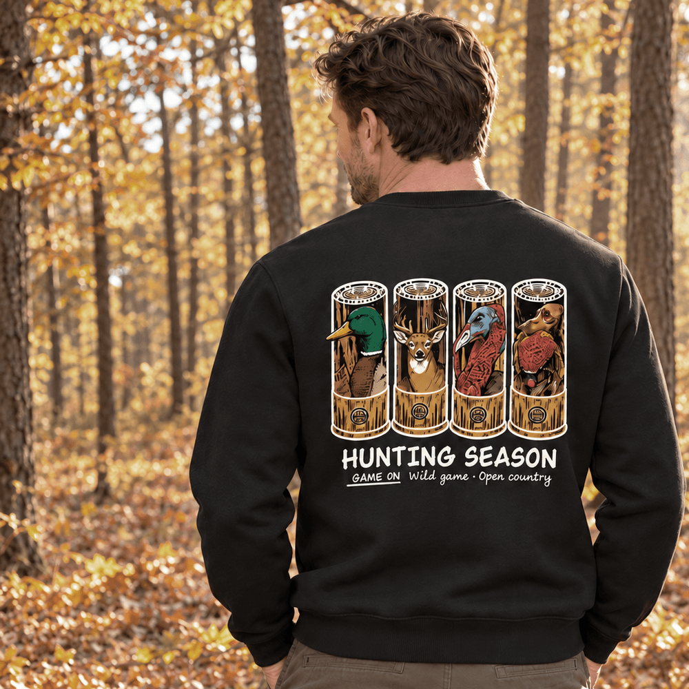 Personalized Dual Print Sweatshirt with Hunting Season Wildlife Art, Unique Gift for Hunters