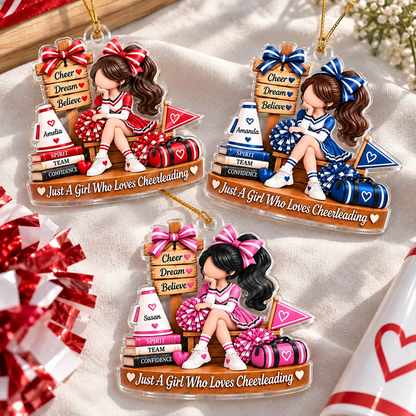 Personalized Acrylic Ornament, Seated Cheerleader with Pom Poms, Unique Christmas Gift for Daughter or Granddaughter