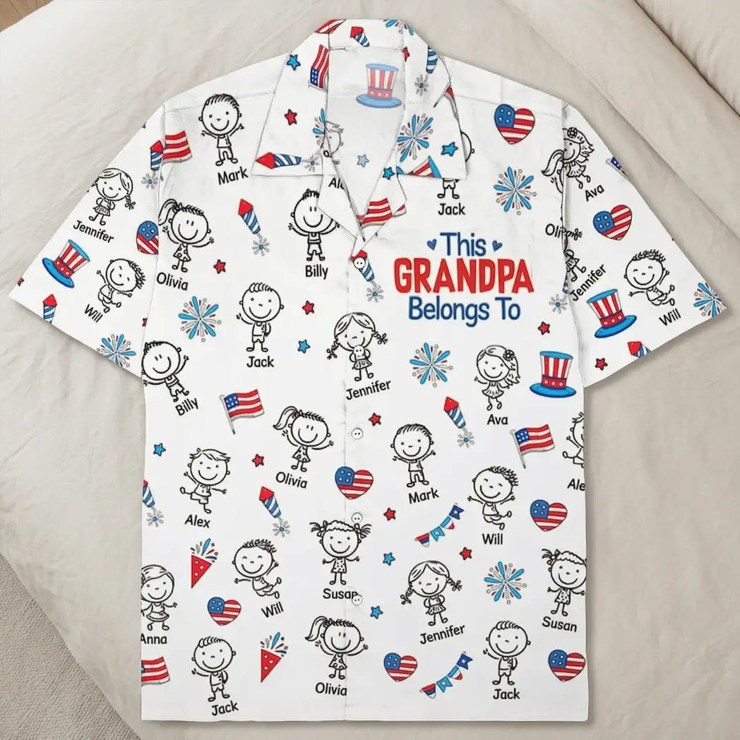 Personalized Hawaiian Shirt for Grandpa, Patriotic Kid Doodle Custom Print, Unique Summer Gift