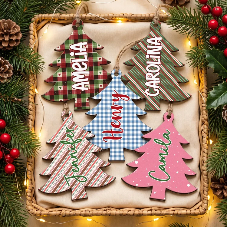 Personalized Wooden Ornament, Plaid Christmas Tree Keepsake, Unique Gift for Family