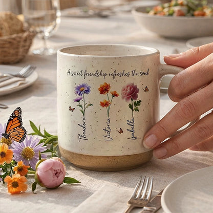 Personalized Pottery Mug with Birth Flowers and Sweet Friendship Quote, Unique Best Friend Gift for Coffee and Tea