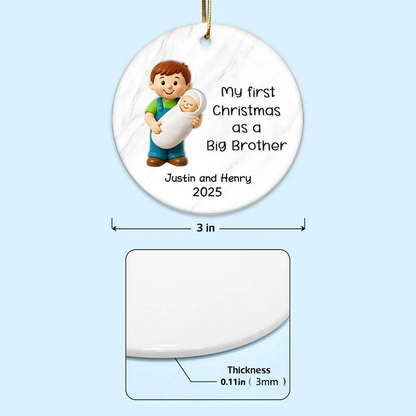 Personalized Big Brother Big Sister Ceramic Ornament celebrating first Christmas as a sibling, round ceramic holiday décor gift