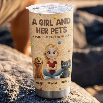 Personalized Insulated Travel Tumbler With Sitting Girl & Pets, Unique Gift for Pet Mom, Warm Cartoon Design
