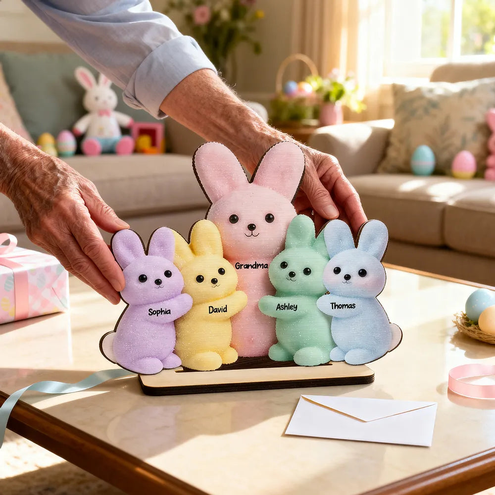 Personalized 2-Layer Wooden Plaque with Grandma & Grandkids Bunnies, Pastel Easter Table Decor, Unique Gift for Grandma