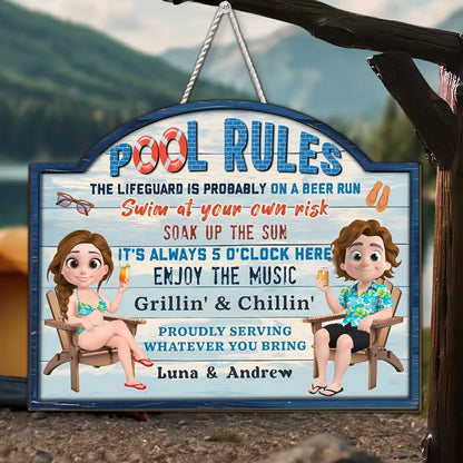 Poolside Grillin' & Chillin' Personalized Wooden Sign, Beachy Funny Backyard Decor, Unique Gift For Couples