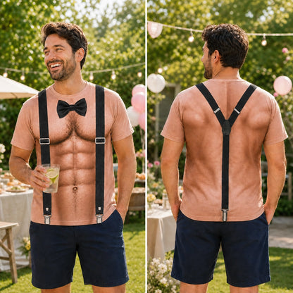 Personalized Funny Muscle T-Shirt for Men, Bow Tie & Suspenders Illusion Tee, Hilarious Birthday or Party Gift for Him
