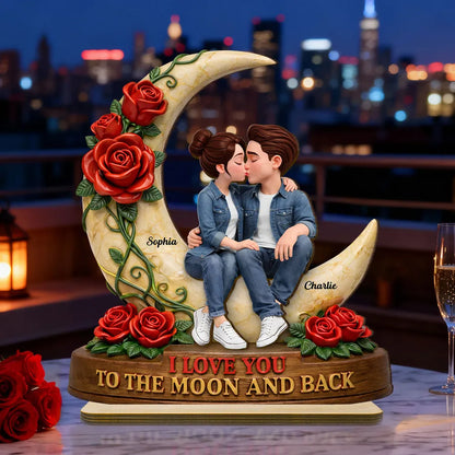 Personalized 2-Layer Wooden Plaque Kissing Couple on Crescent Moon Romantic Unique Gift for Wife or Girlfriend
