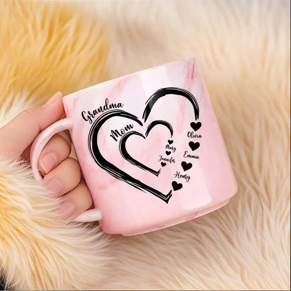 Mom Grandma Sweethearts – Personalized Marble Mug with Custom Family Names, Thoughtful Gift for Mother's Day