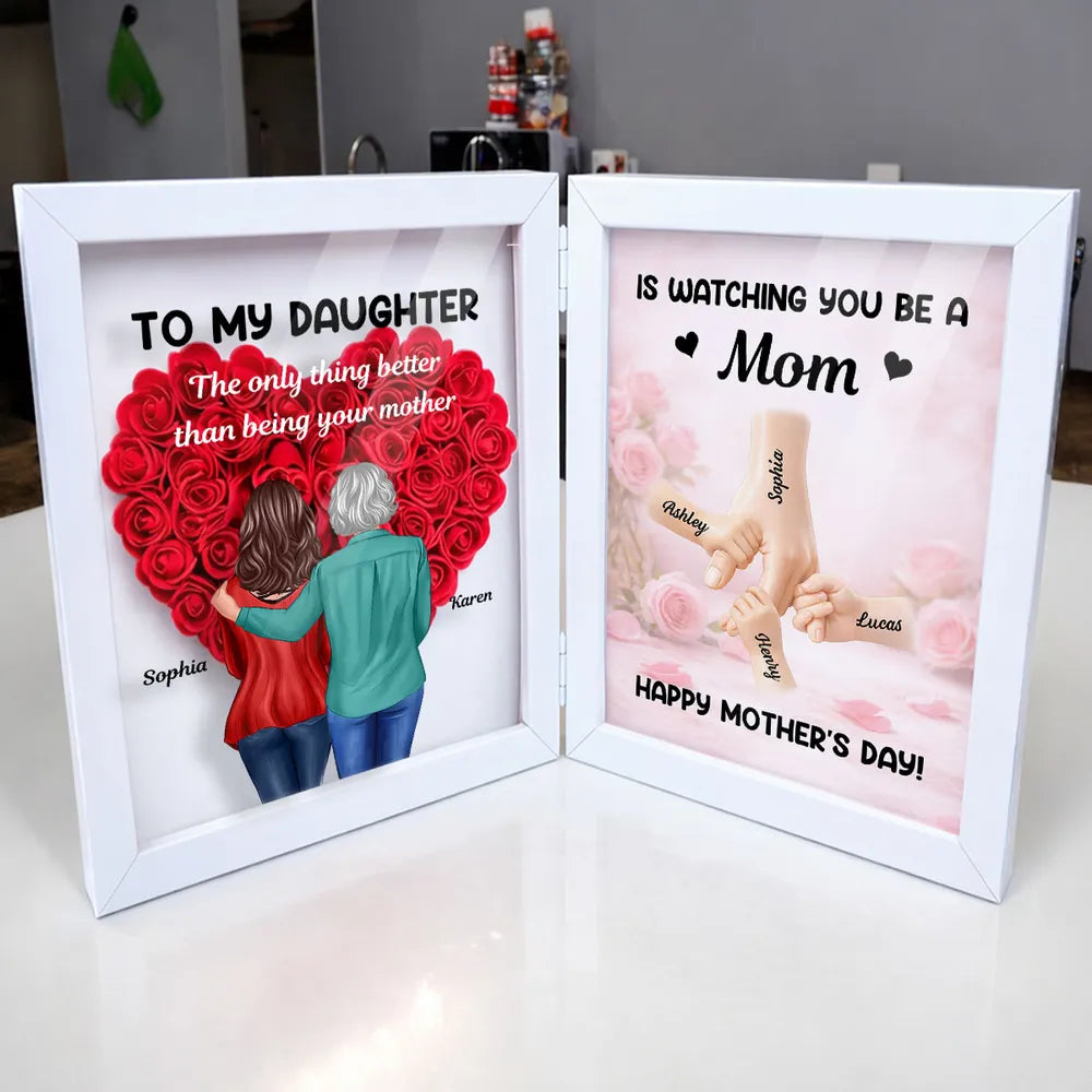 Personalized Foldable Floral Shadow Box, Mom and Daughter Hugging Art, Mother's Day Heartfelt Keepsake, Unique Gift for Mom