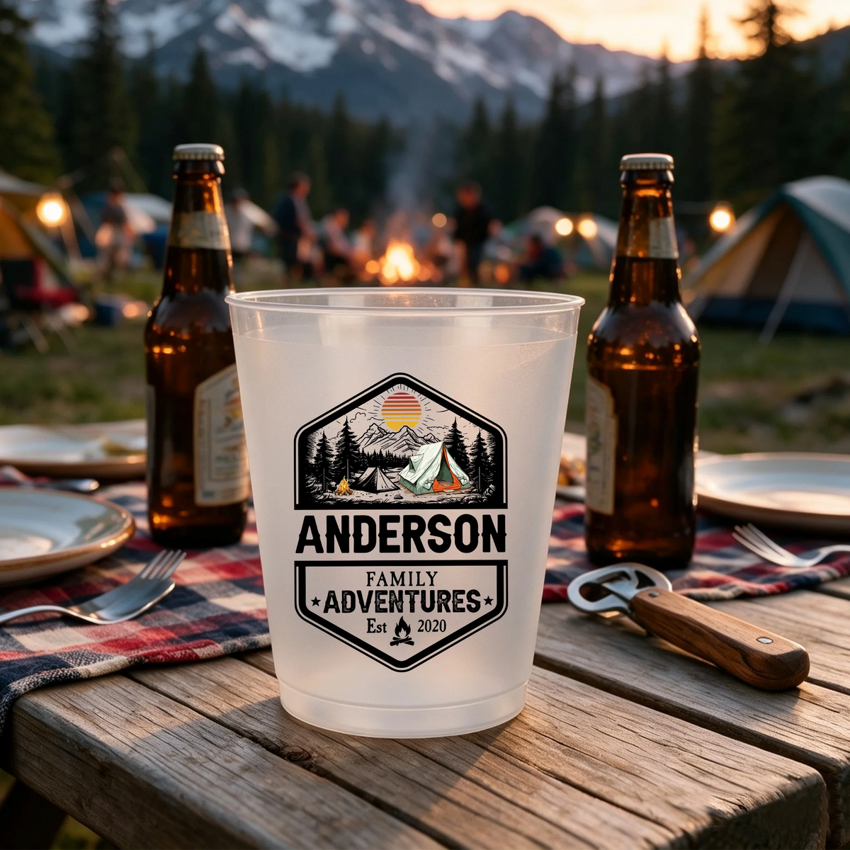Personalized Family Camping Cups, Custom Surname & Year, Tent or RV Adventure Gift for Campers