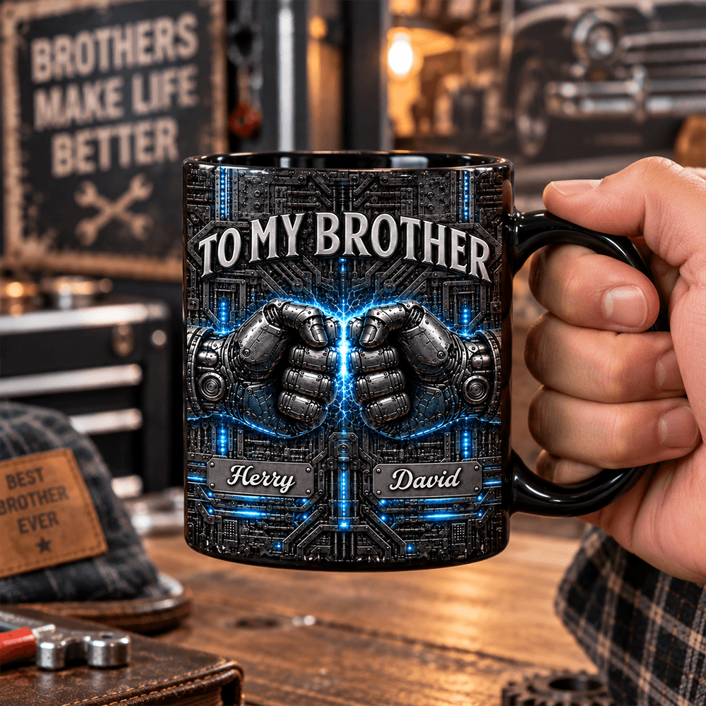 Personalized To My Brother Full Color Mug, Electric Blue Cyberpunk Fist Design, Custom Names Gift for Brother