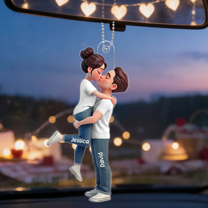 Personalized Acrylic Car Hanger with Kissing Couple, Unique Gift for Couples, Sunset Drive Decor