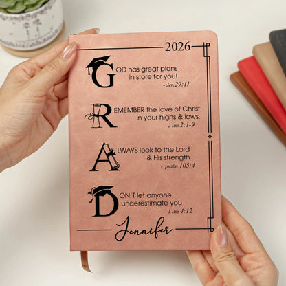 Personalized Leather Journal with Faith Graduation Quote, Unique Christian Gift for Her or Him
