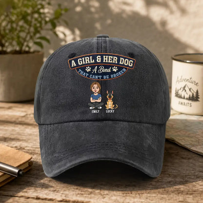A Girl & Her Dog Washed Denim Baseball Cap, Custom Vintage Look Unique Gift For Pet Lovers
