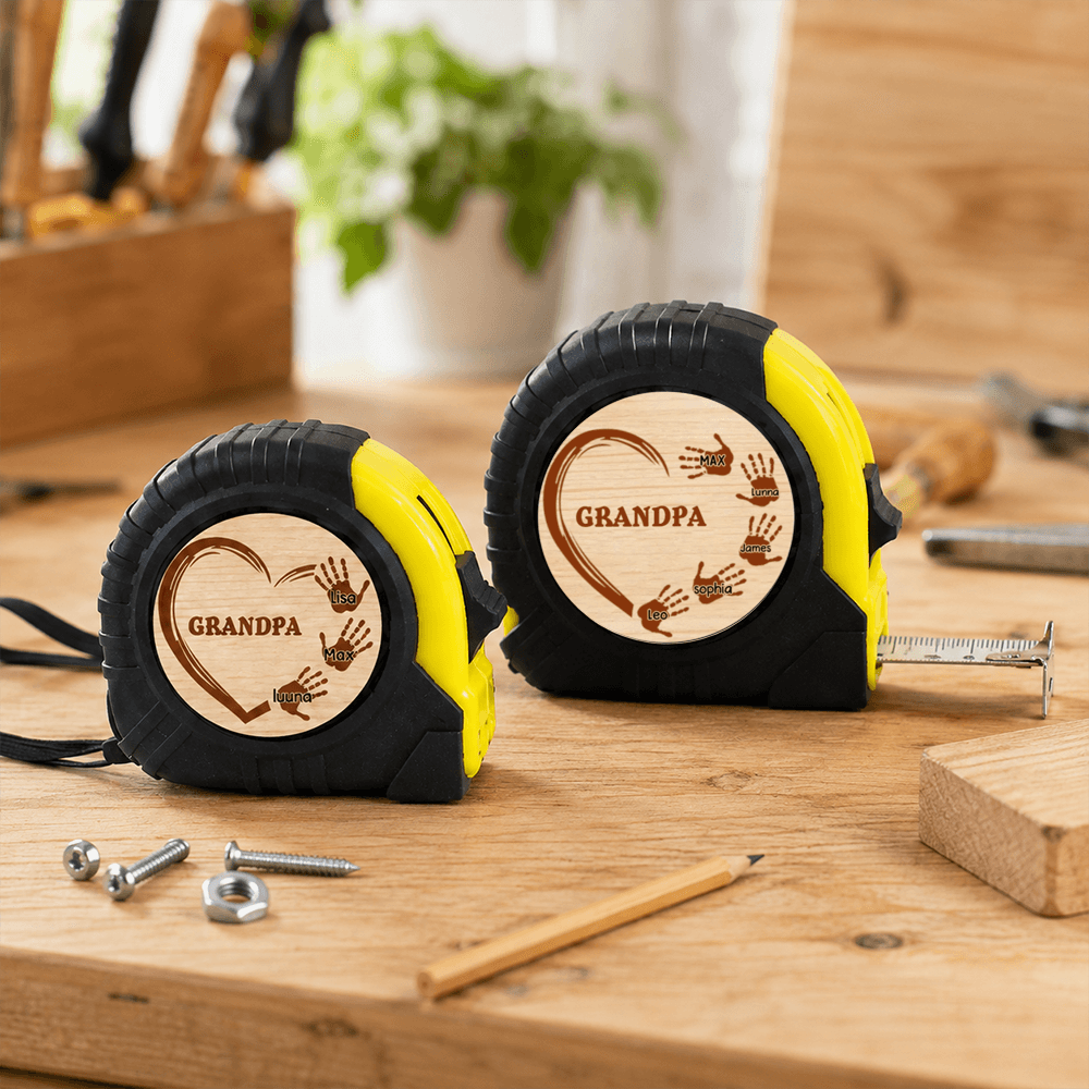 Personalized Tape Measure for Grandpa with Kids' Handprints, Custom Wood Keepsake Gift for DIY Dad & Grandfather