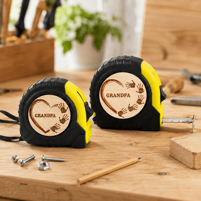 Personalized Tape Measure for Grandpa with Kids' Handprints, Custom Wood Keepsake Gift for DIY Dad & Grandfather