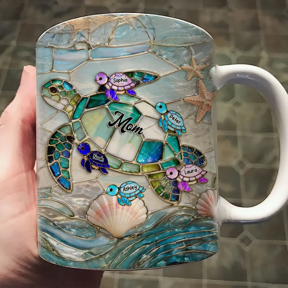 Personalized Sea Turtle Stained Glass Style Ceramic Mug for Mom - Ocean Beach Coffee Gift for Mother's Day