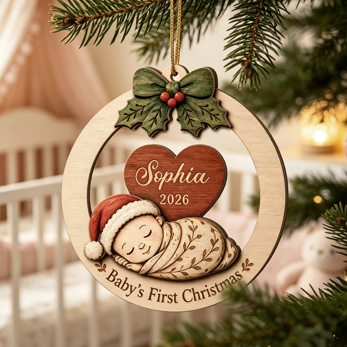 Personalized 2-Layer Wooden Ornament, Sleeping Baby's First Christmas Keepsake, Unique Gift for New Parents