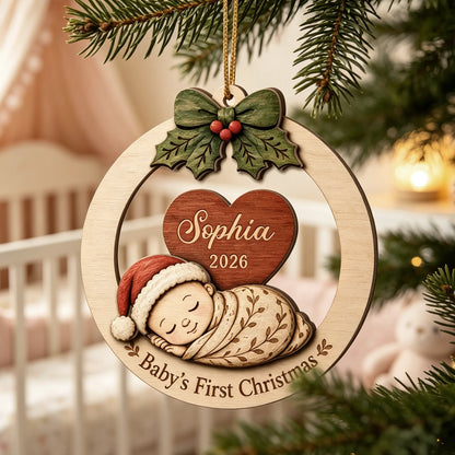 Personalized 2-Layer Wooden Ornament, Sleeping Baby's First Christmas Keepsake, Unique Gift for New Parents