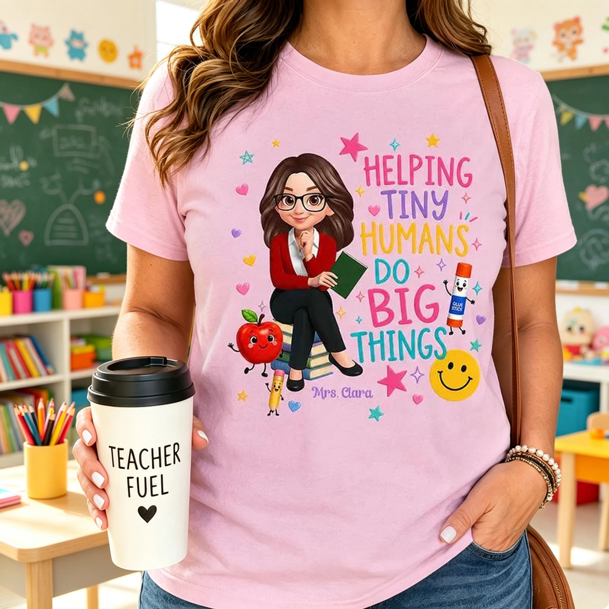 Unique Personalized Classic Tee With Teacher Cartoon & Classroom Art, Creative Gift For Back To School