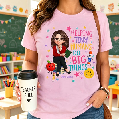 Unique Personalized Classic Tee With Teacher Cartoon & Classroom Art, Creative Gift For Back To School