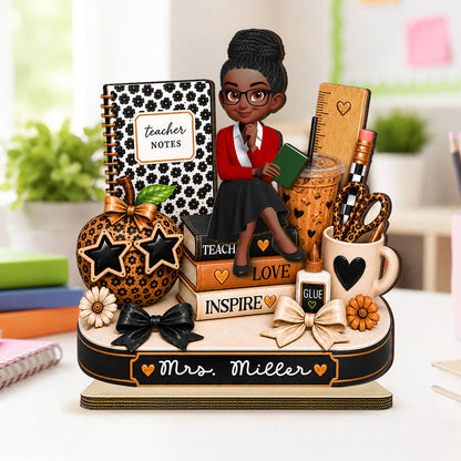 Personalized 2-Layer Wooden Plaque, Seated Teacher & Leopard Desk Decor, Unique Creative Gift for Teacher