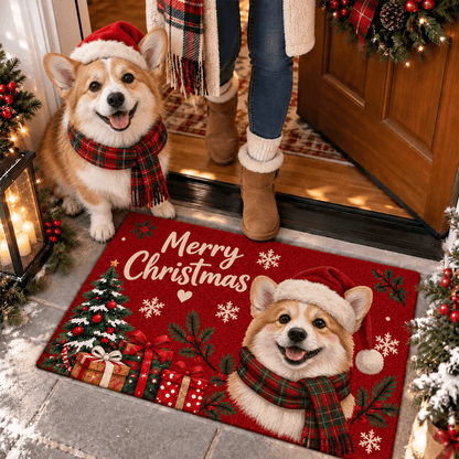 Personalized Christmas Doormat with Custom Pet Photo, Festive Santa Hat & Scarf Design, Unique Holiday Gift for Pet Lovers