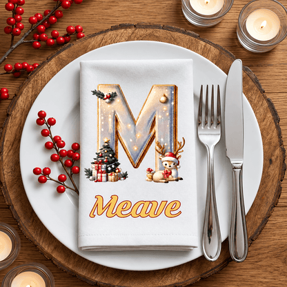Personalized Reusable Cotton Napkin, Ornate Festive Initial Design for Family Table, Unique Christmas Gift
