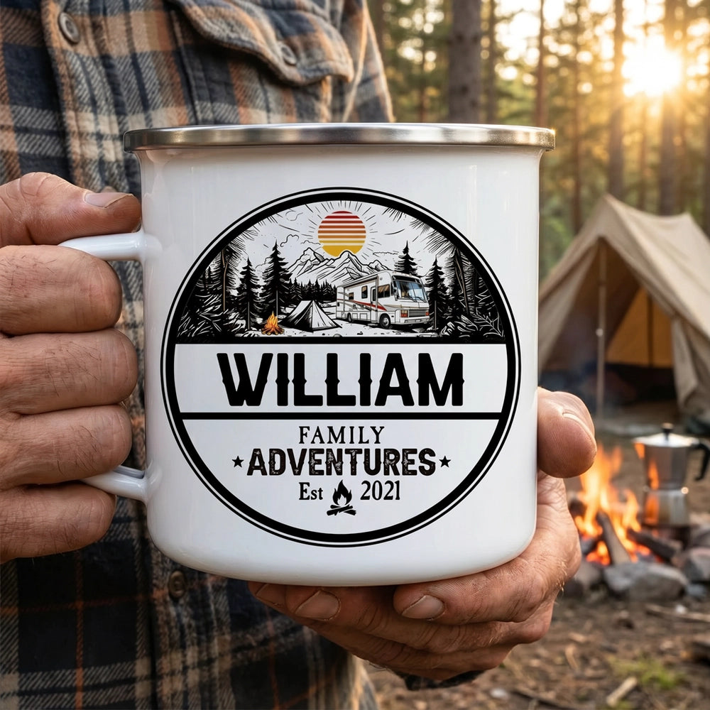 Personalized Enamel Mug with Mountain Camping Badge Design for Family Adventures, Unique Outdoor Gift for Travel Lovers