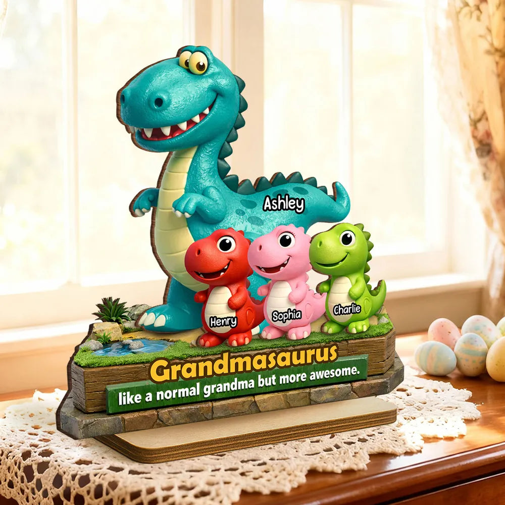 2-Layer Wooden Plaque Personalized Grandmasaurus With Cute Dino Kids - Sweet Living Room or Nursery Display, Creative Gift for Grandma