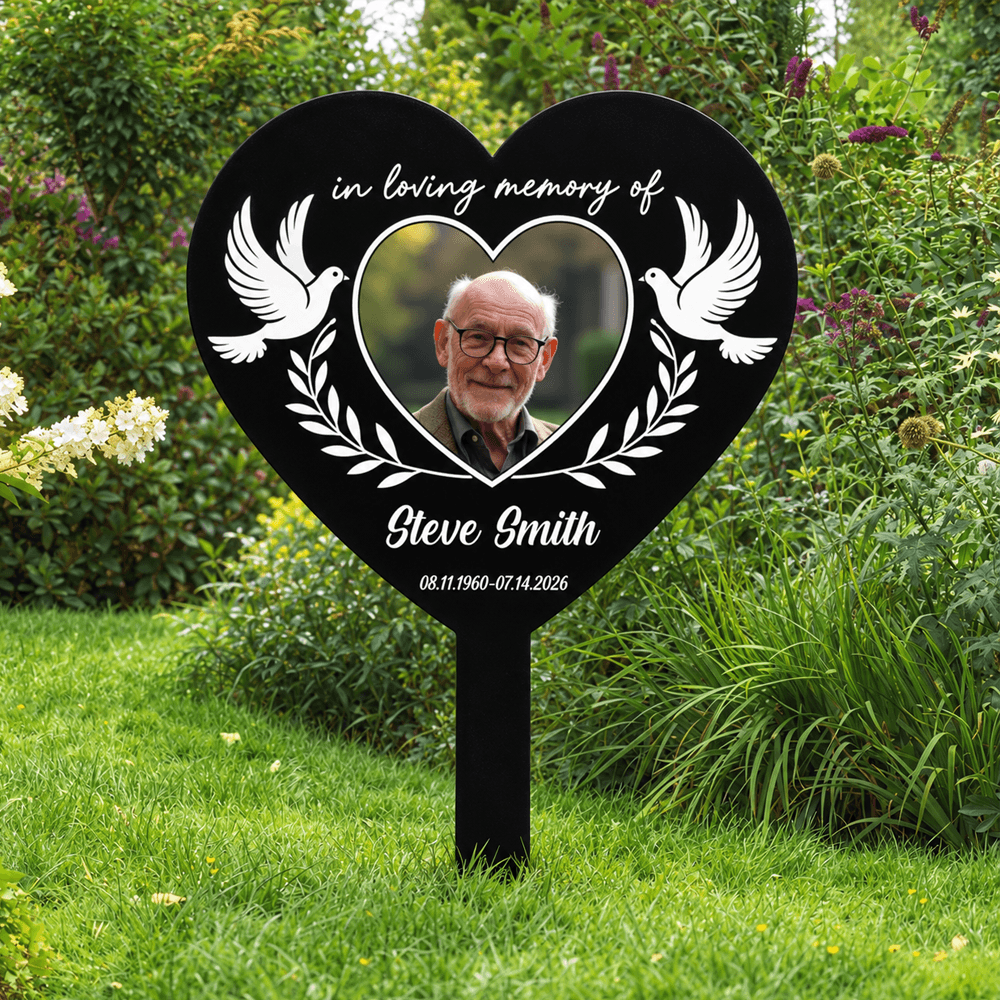 Custom Photo Memorial Garden Stake, Personalized Metal Grave Marker with Floral or Dove Design, Sympathy Gift for Family