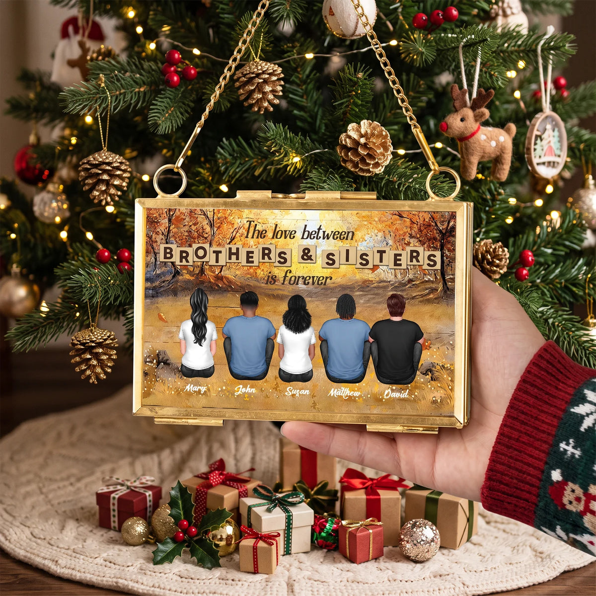 Hanging Photo Frame Ornament, Personalized Seated Siblings Forever Keepsake, Creative Gift for a Brother or Sister