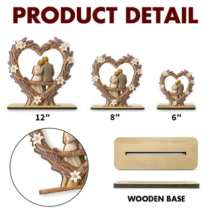 Personalized 2-Layer Wooden Plaque, Floral Heart Sitting Couple, Unique Creative Gift for Couples