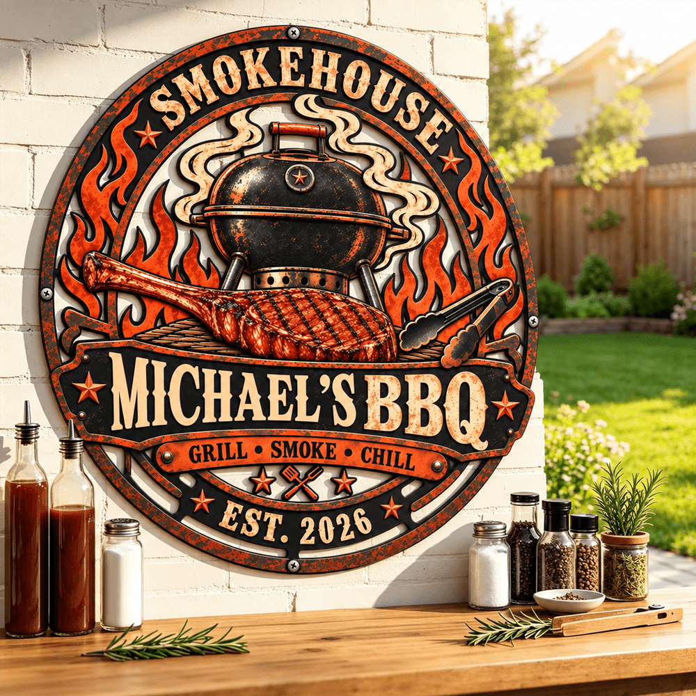 Personalized Vintage BBQ Metal Sign with Custom Name & Year, Rustic Smokehouse Wall Decor, Gift for Grill Lovers