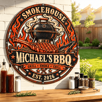 Personalized Vintage BBQ Metal Sign with Custom Name & Year, Rustic Smokehouse Wall Decor, Gift for Grill Lovers