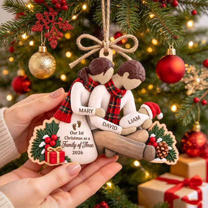 Wooden Ornament, Embracing Parents with Baby, Rustic Christmas Tree Decor, Unique Gift for a Growing Family