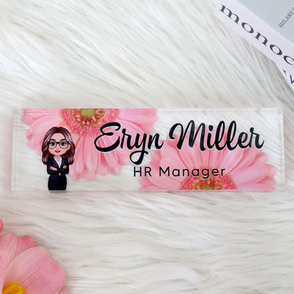 Personalized Rectangle Acrylic Block Plaque with Daisy Office Character, Unique Desk Decor Gift for Coworker or Boss