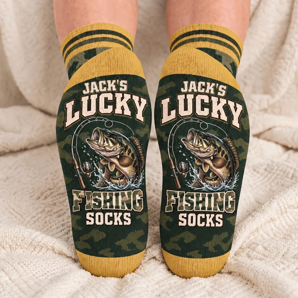 Personalized Lucky Fishing Crew Socks, Humorous Catch Design, Creative Gift for Dad or a Fishing Friend