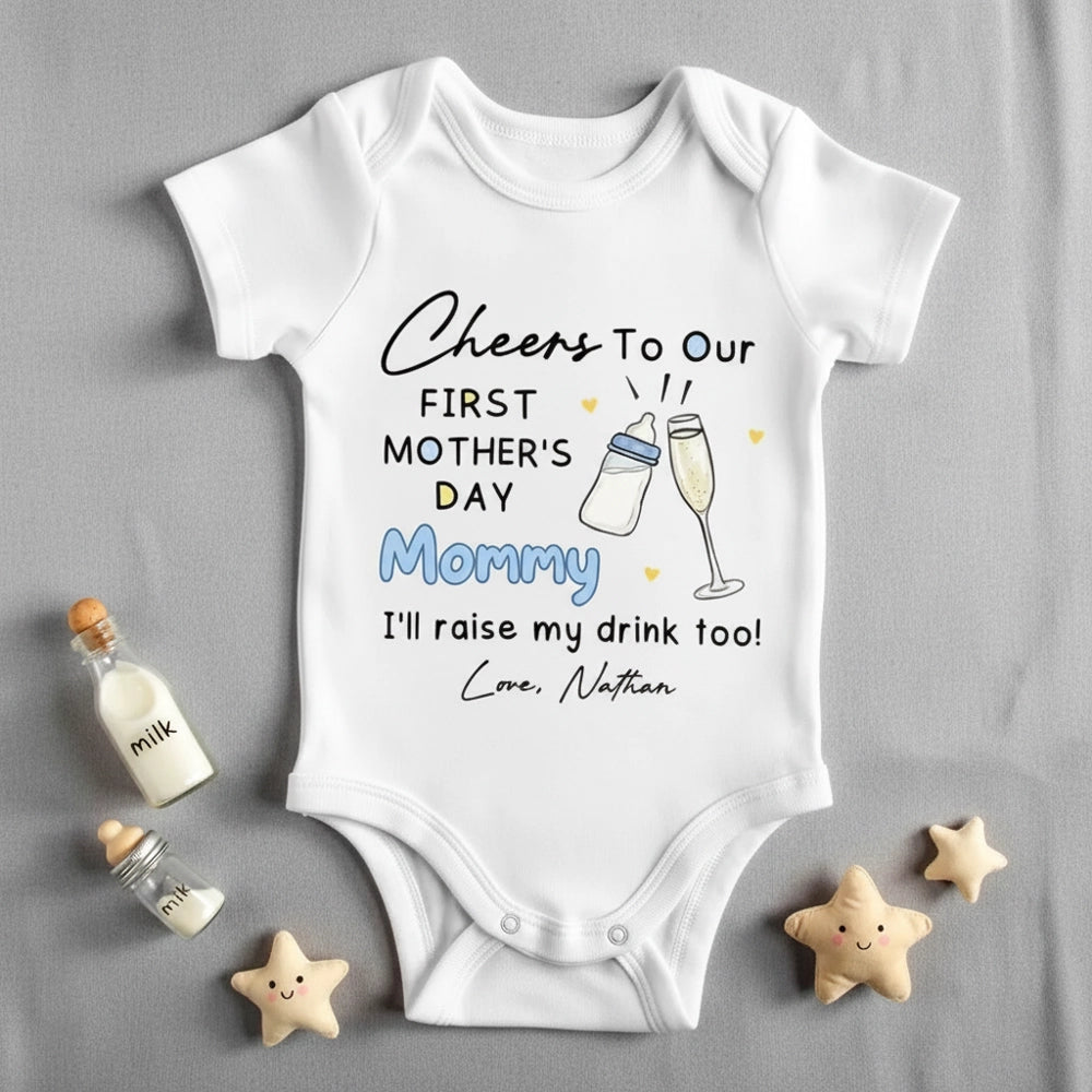 Short Sleeve Baby Onesie for First Mother's Day, Personalized Cheers Design with Baby Bottle and Toast, Sweet Gift Idea for New Mom