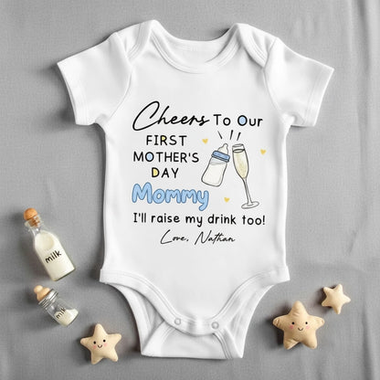 Short Sleeve Baby Onesie for First Mother's Day, Personalized Cheers Design with Baby Bottle and Toast, Sweet Gift Idea for New Mom