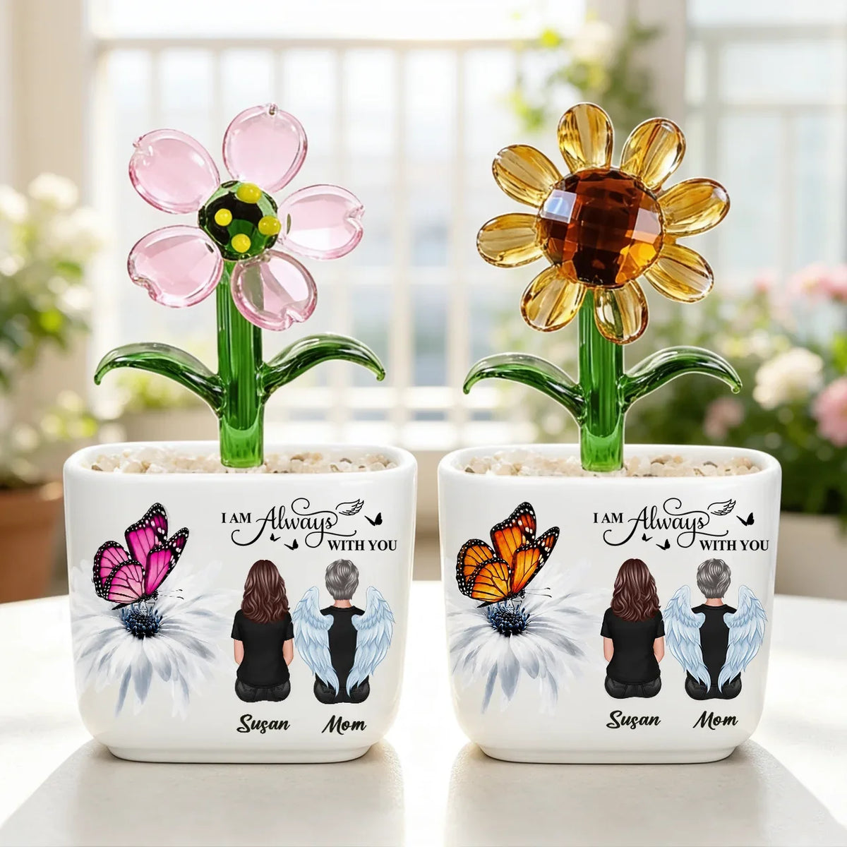 Personalized Memorial Planter with Glass Flowers, In Loving Memory of a Loved One, Sympathy & Remembrance Gift for Family