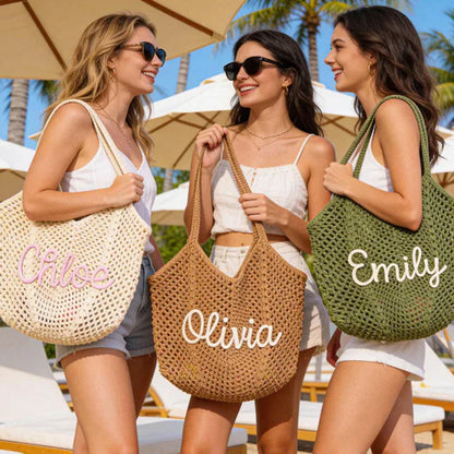 Personalized Embroidered Crochet Tote Bag for Her, Custom Name Beach Carryall, Summer Gift for Friends