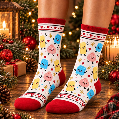 Personalized The Year of Squishies Crew Socks, Playful Kawaii Cartoon Design, Custom Name and Year, Fun Christmas Gift