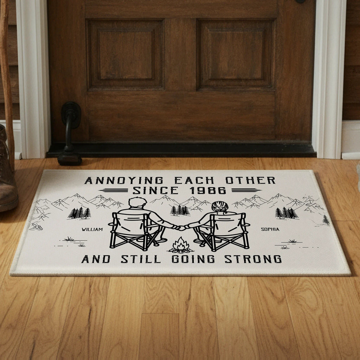 Personalized Standard Doormat, Couple Sitting Hand in Hand by a Mountain Campfire, Unique Gift for Couples