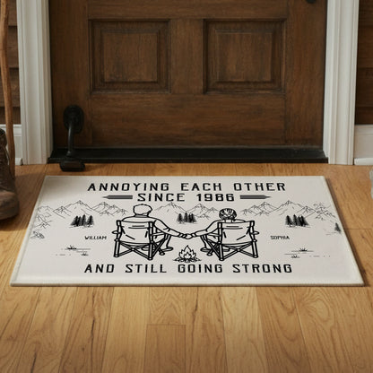 Personalized Standard Doormat, Couple Sitting Hand in Hand by a Mountain Campfire, Unique Gift for Couples