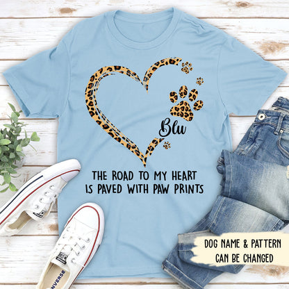 Personalized Pet Lover T-Shirt – The Road to My Heart is Paved with Paw Prints – The Perfect Gift for Pet Owners
