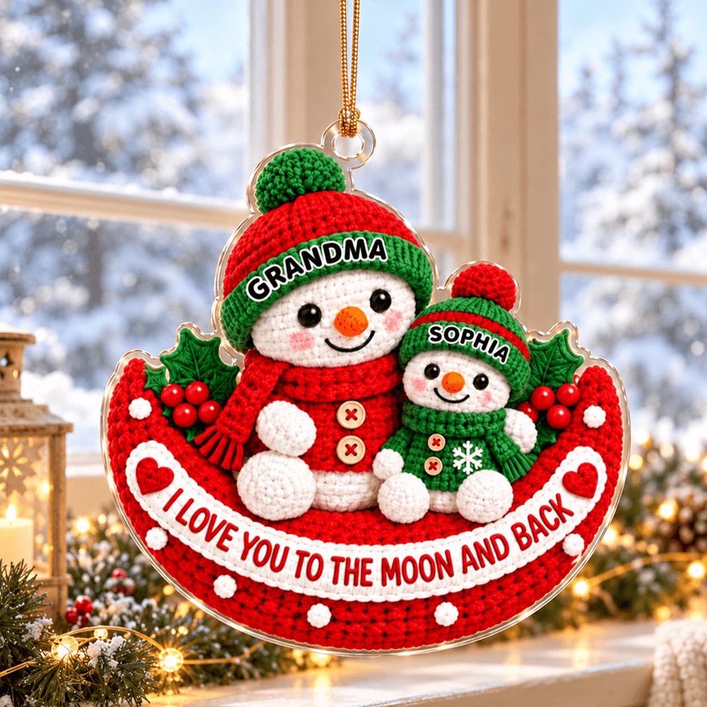 Personalized Crochet-Style Snowman Acrylic Ornament, Grandma & Grandkid Christmas Gift, Love You to the Moon and Back